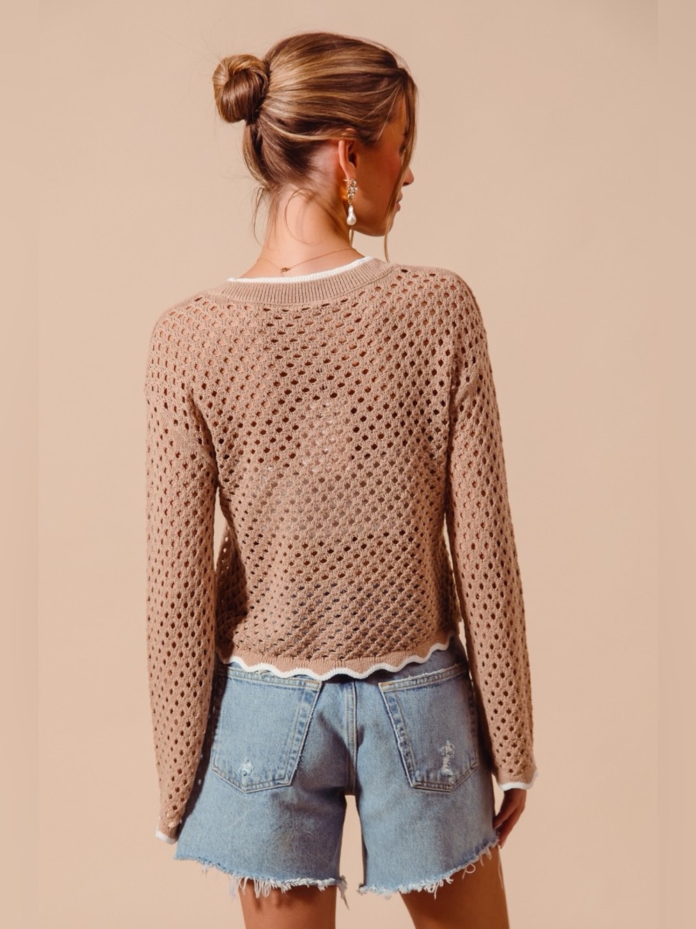 SO ME Open Knit Light Weight Sweater Cardigan With Contrast Wavy Scallop Edge - Picture 7 of 11